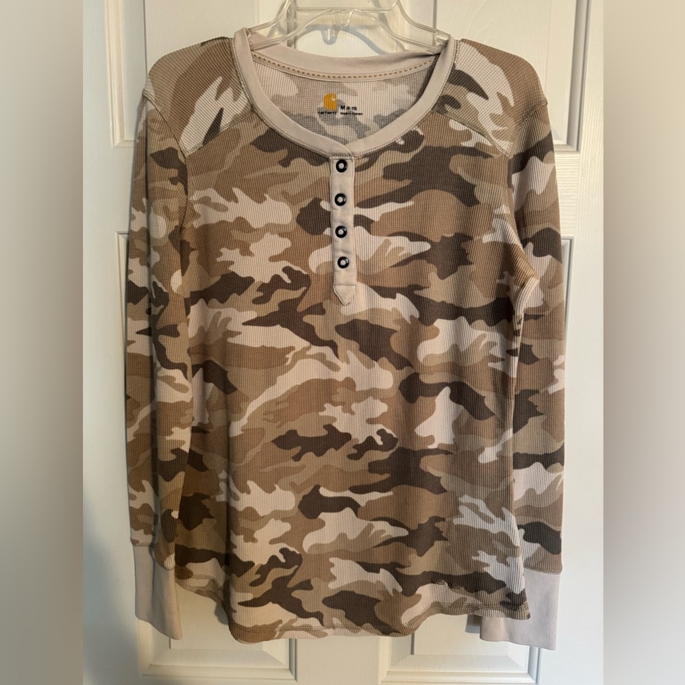 Carhartt Women's Long Sleeve Camo Henley - Tan, Brown, Cream